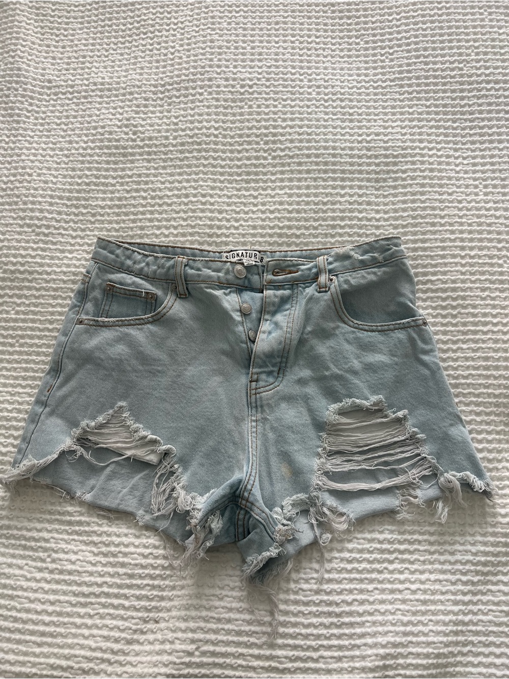 Signature Light Wash Distressed Denim Shorts